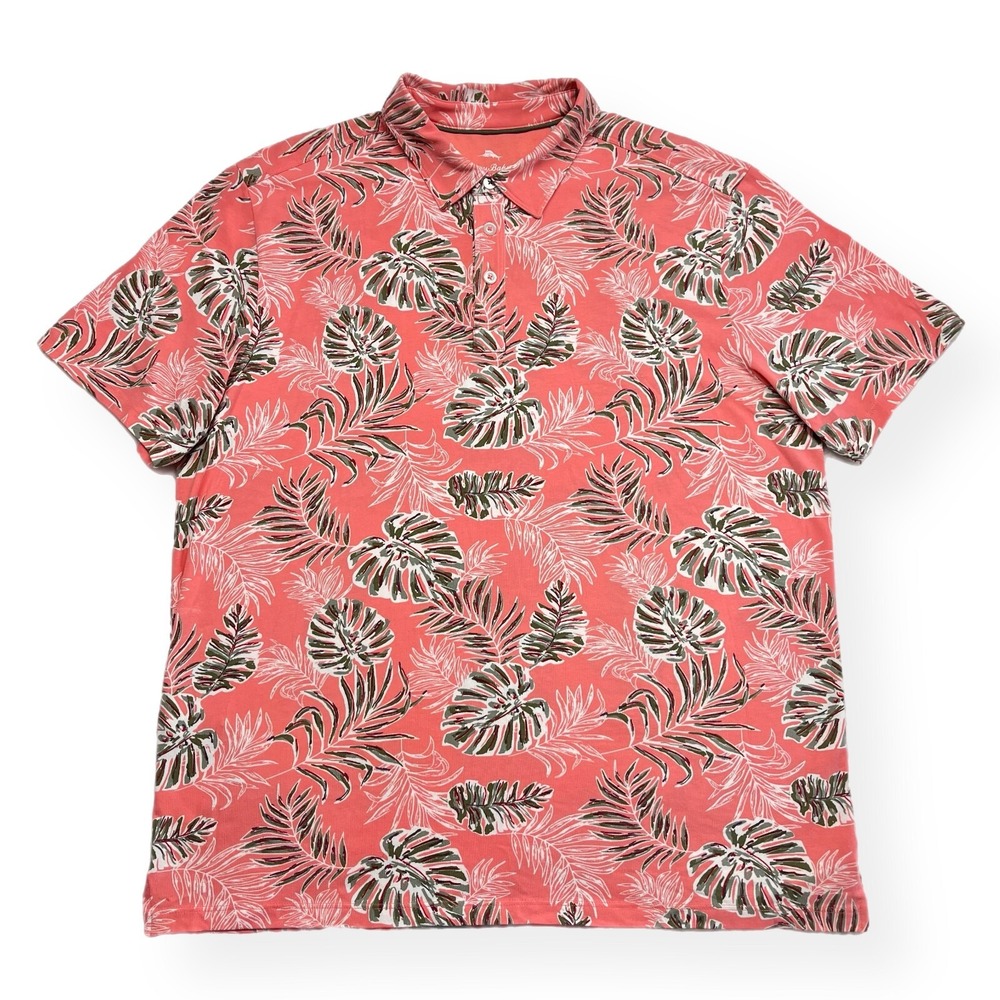 Tommy Bahama Polo Shirt Men Large Pink Green Tropical Print‎ Stretch